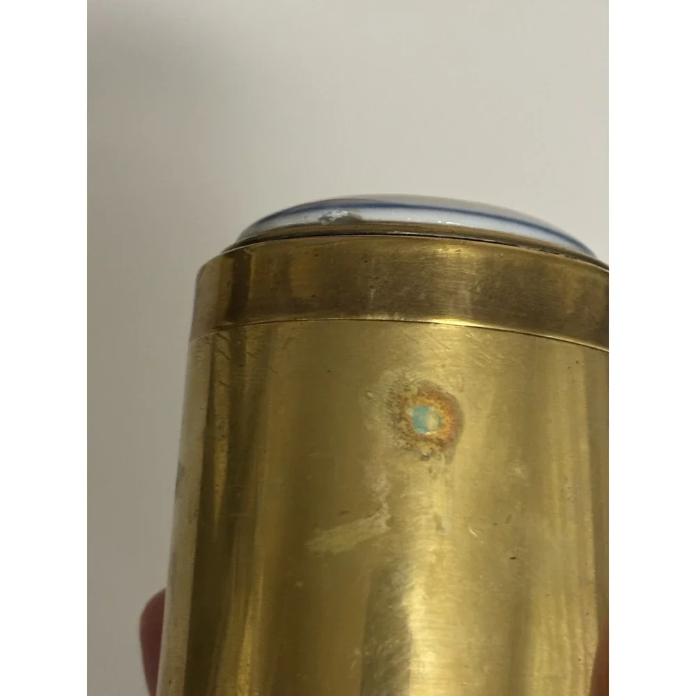 Round Brass Container with Removable Ceramic Painted Chinoiserie 2 Cranes Lid